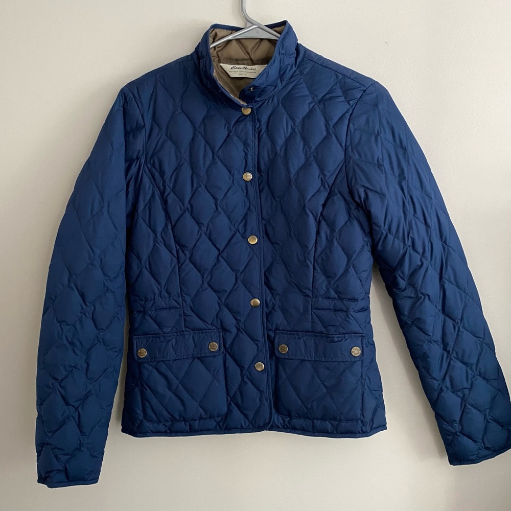 Eddie Bauer goose down lightweight jacket blue blazer diamond quilted coat small
